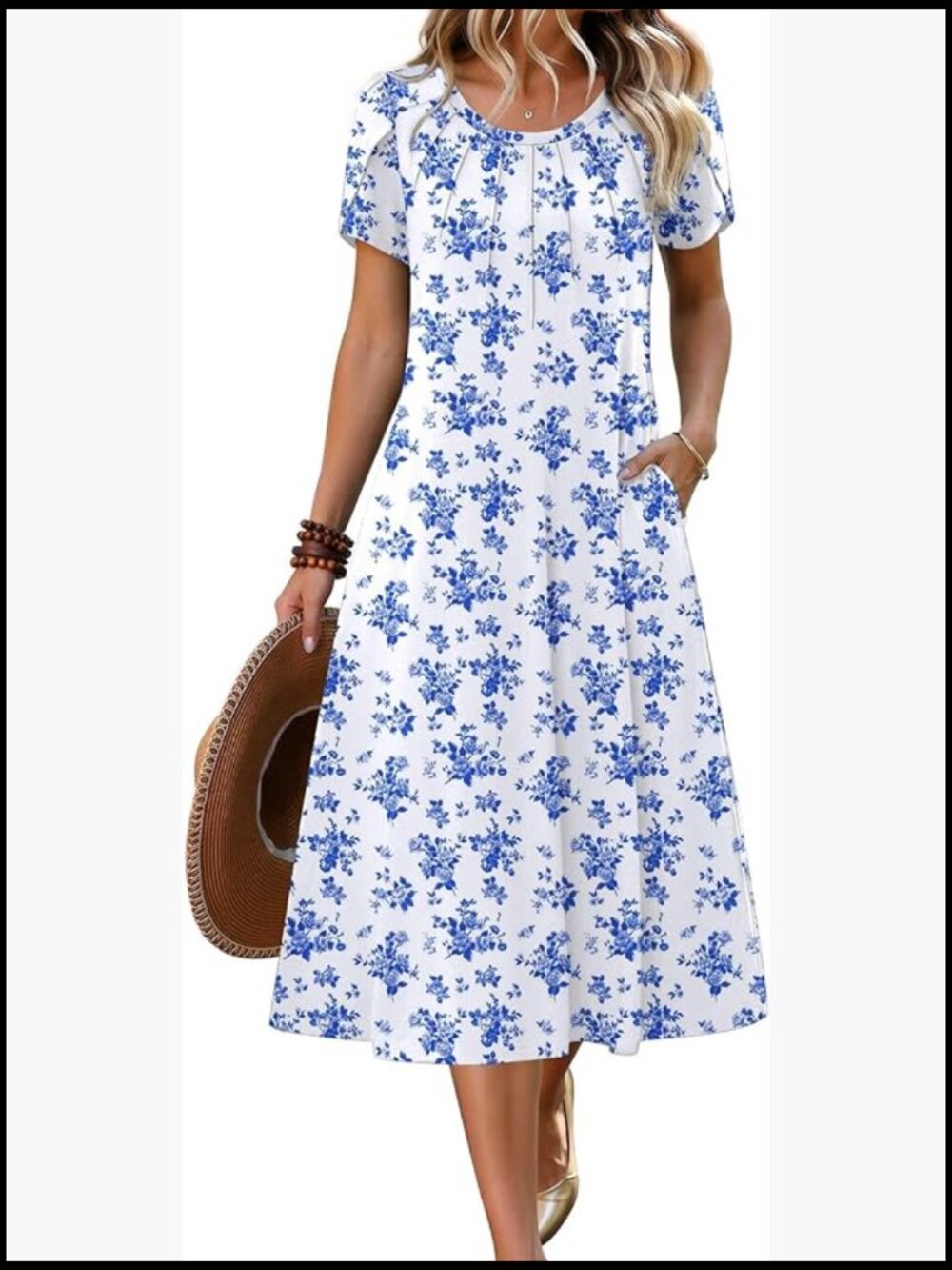 Polyester Spandex Pleated Midi Dress with Petal Sleeves and Pockets